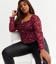 New Look Curves Pink Floral Ruched Long Sleeve Top